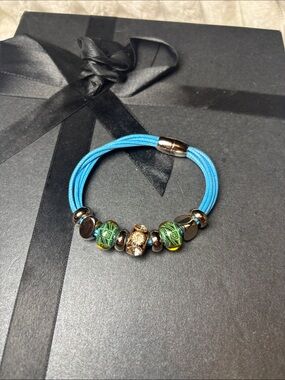 Blue Cord Beaded Bracelet with Green Glass Accents 8”